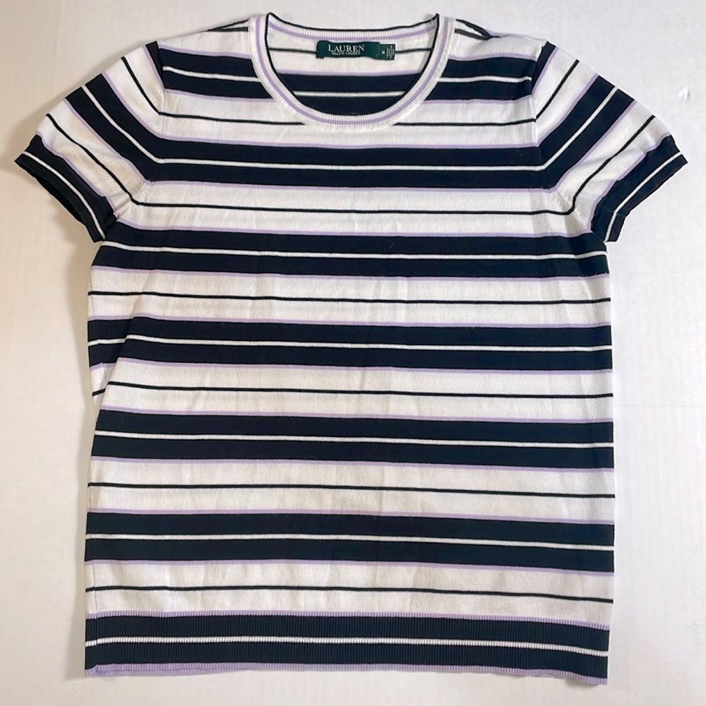 Ralph Lauren Women’s Purple and Black Striped Short Sleeve Sweater Preppy Size M
